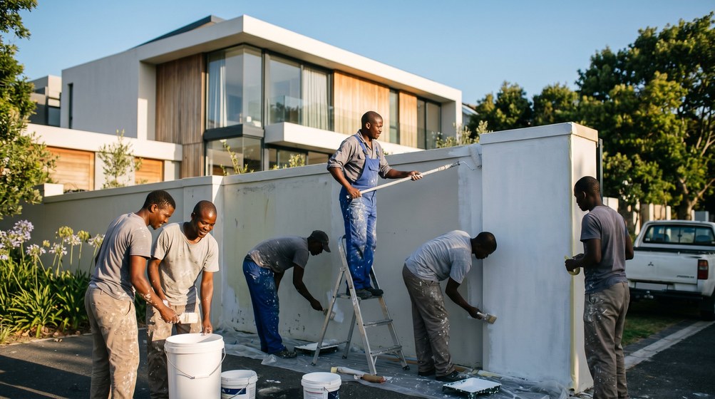 Professional team painting a boundary wall at a modern home in Mossel Bay