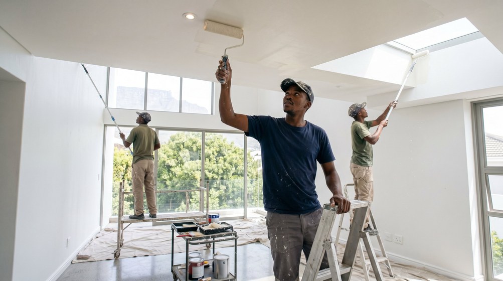 Professional ceiling painters rolling white paint onto a high ceiling in Mossel Bay
