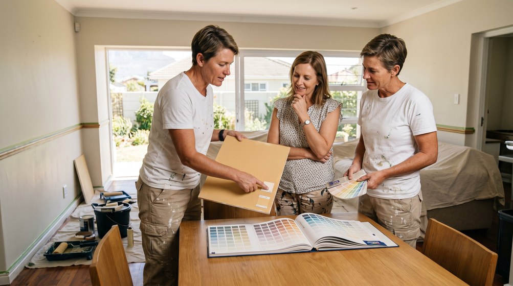Professional colour consultant showing paint swatches to a homeowner in Mossel Bay