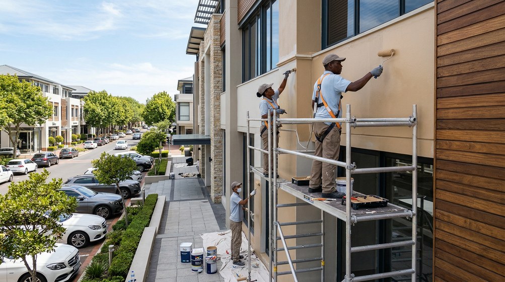 Professional commercial painters on scaffolding painting a building in Mossel Bay