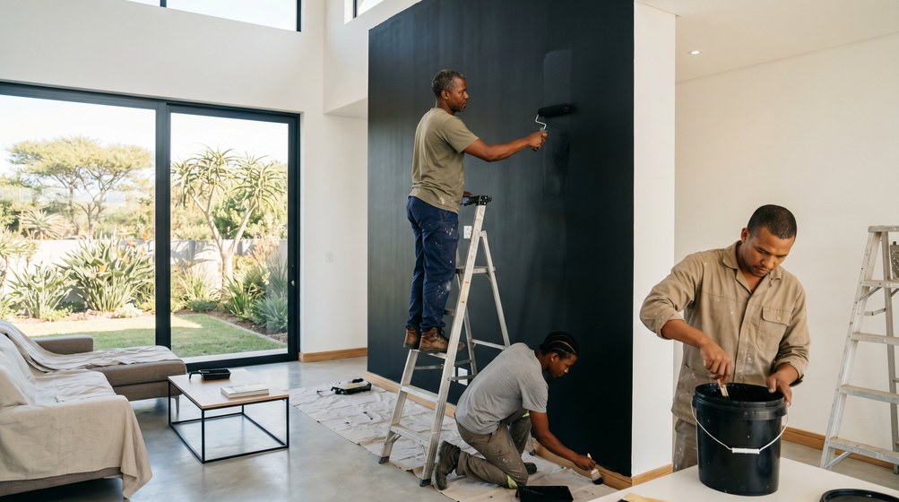 Professional painters creating a bold black feature wall in a modern Mossel Bay home