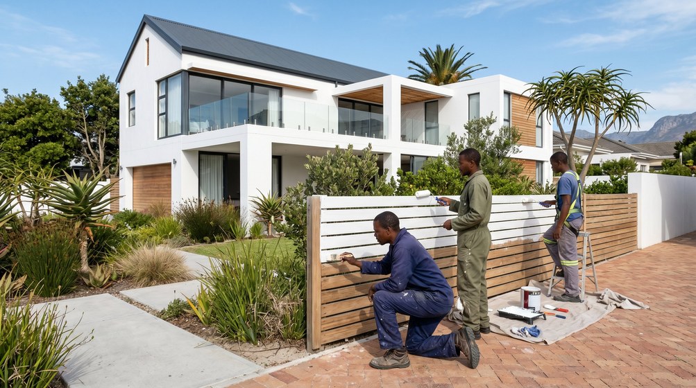 Professional fence painters painting a wooden fence at a Mossel Bay home in Mossel Bay