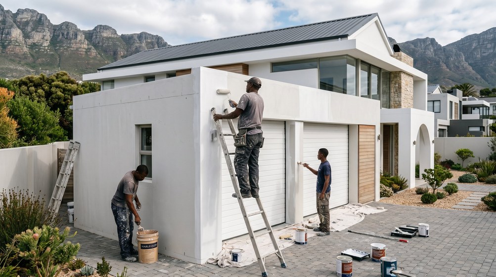 Professional painters painting a double garage exterior and garage doors in Mossel Bay