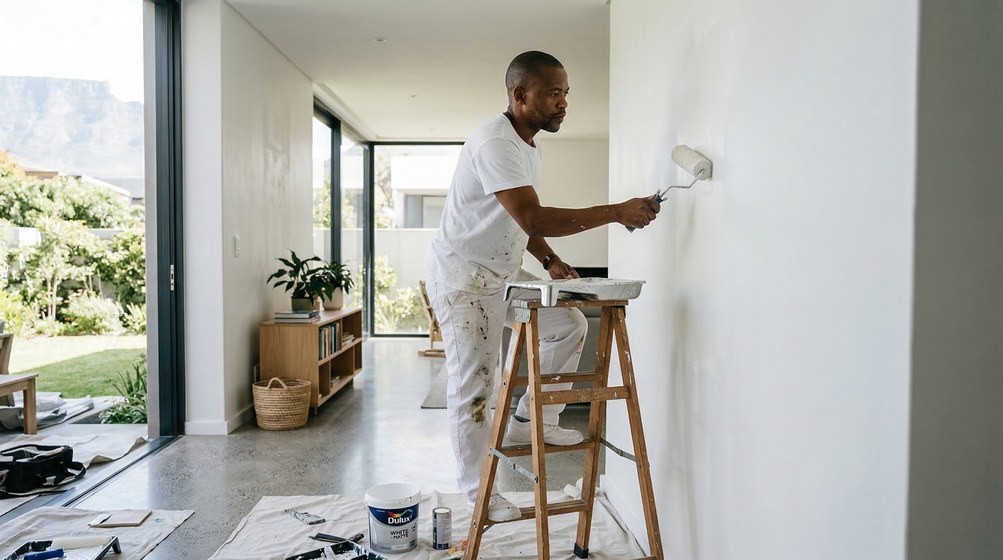 Professional interior painter in Mossel Bay painting walls with a roller