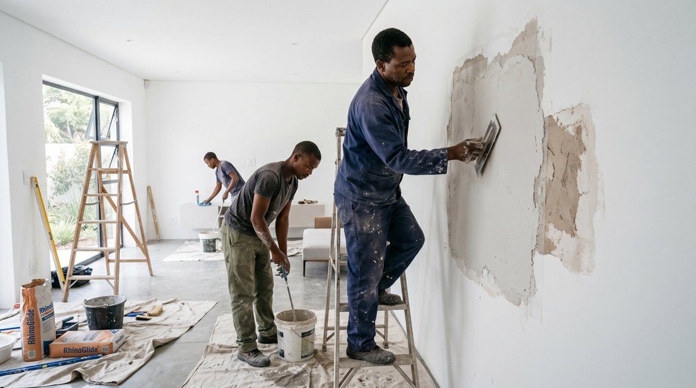 Professional plaster repair team skim coating damaged walls in Mossel Bay