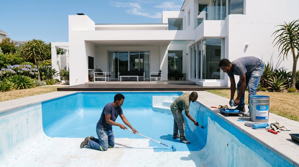 Professional pool painters applying blue pool paint to a swimming pool in Mossel Bay