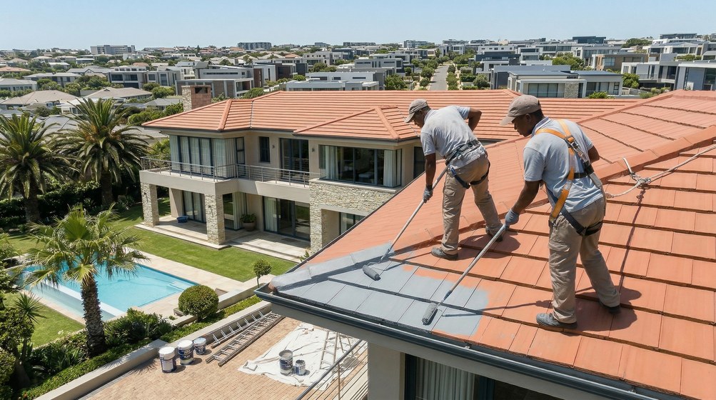 Professional roof painters applying waterproof coating to tiled roof in Mossel Bay