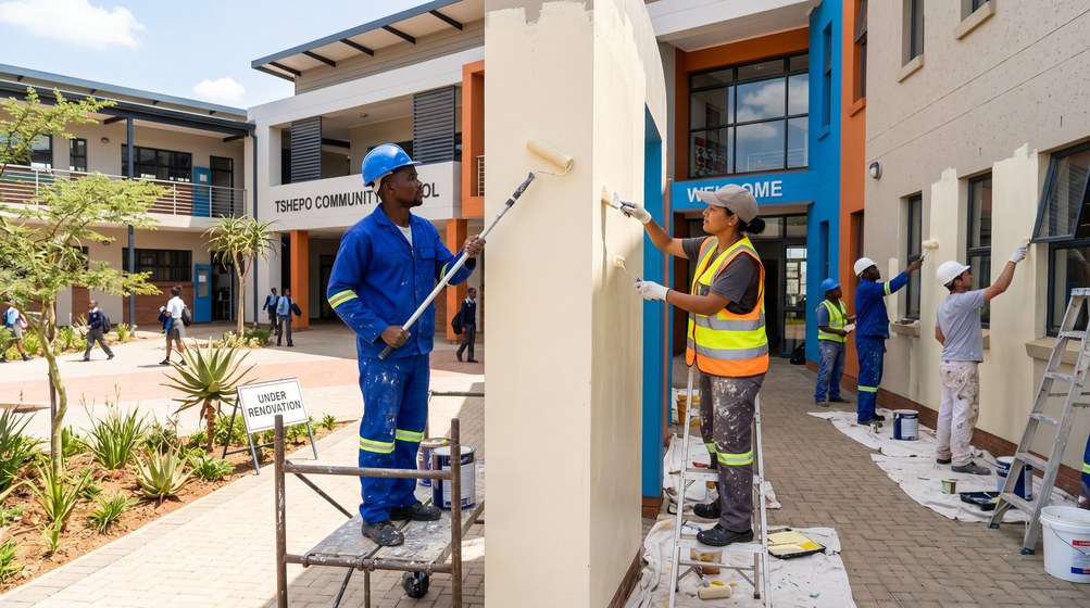 Professional school painting team painting a community school in Mossel Bay