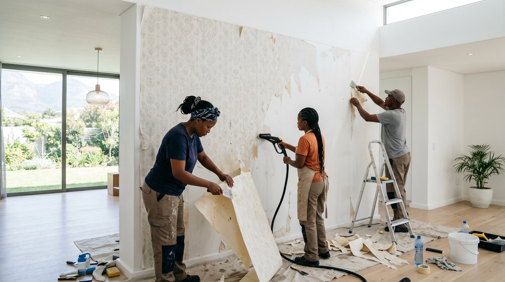 Professional wallpaper removal team stripping old wallpaper in a Mossel Bay home