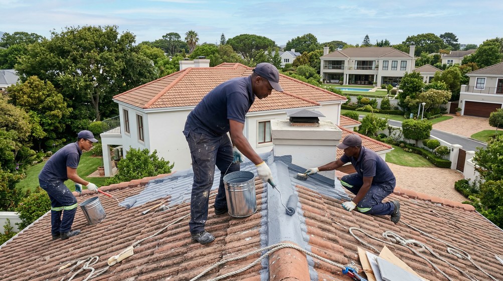 Professional waterproofing team applying membrane to roof in Mossel Bay