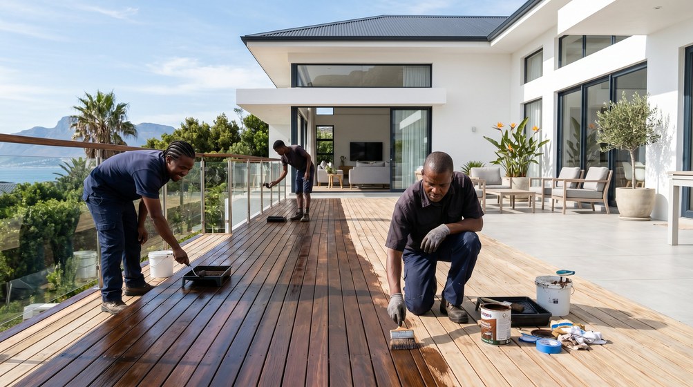 Professional wood staining team applying deck stain on a home in Mossel Bay